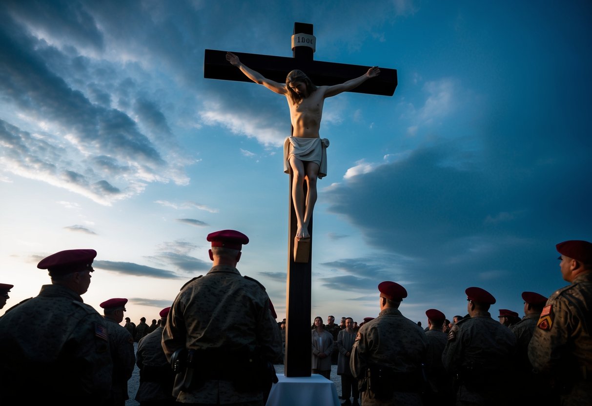 A figure on a cross, surrounded by onlookers and soldiers. The sky darkens, and the scene is filled with sorrow and reverence