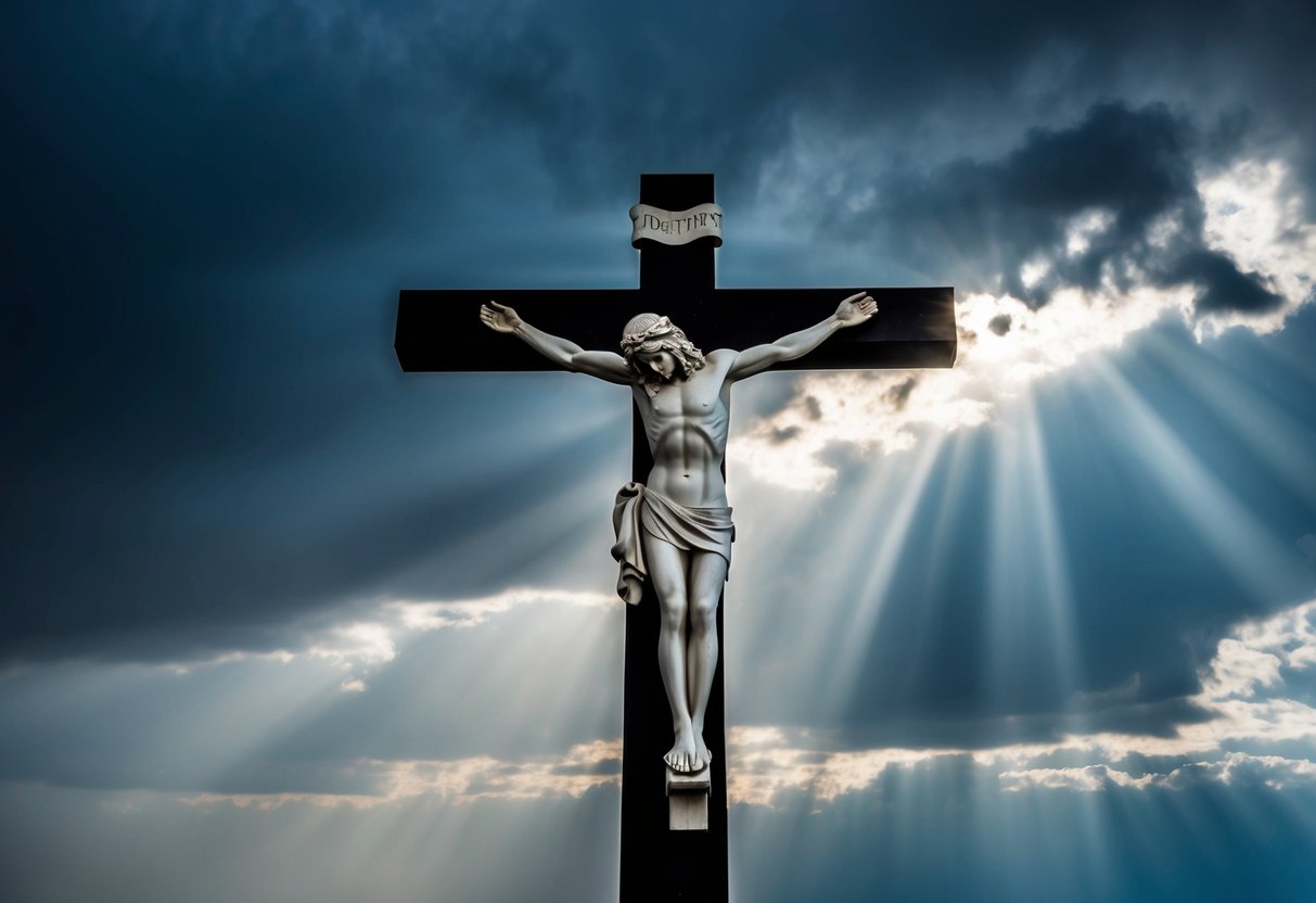 A figure on a cross, surrounded by a dark and stormy sky, with rays of light breaking through the clouds