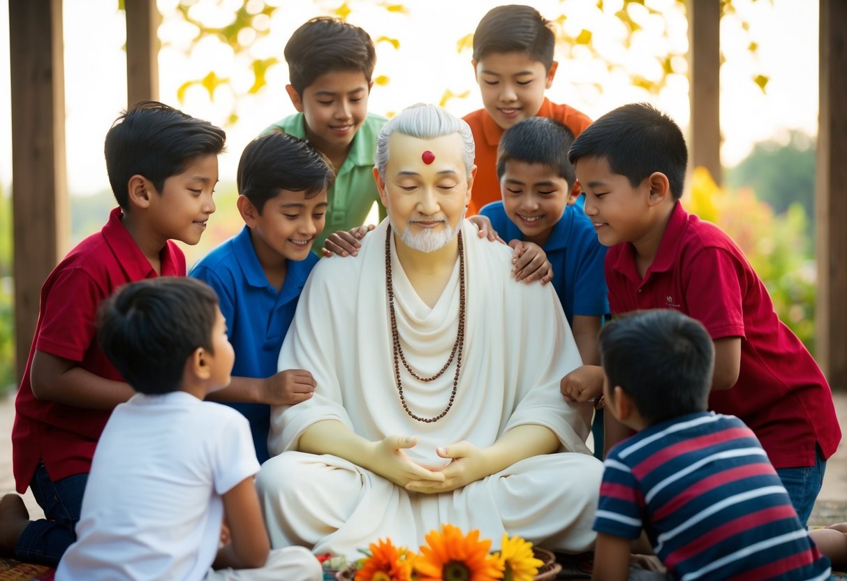 A serene figure surrounded by a group of children, sharing wisdom and love