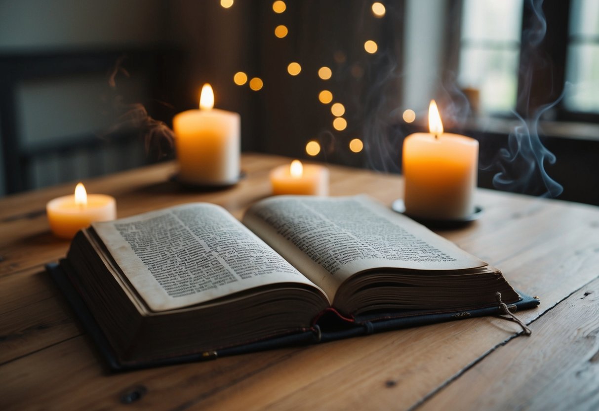 A serene, ancient book open on a wooden table, surrounded by soft candlelight and a faint aroma of incense in a quiet, peaceful room