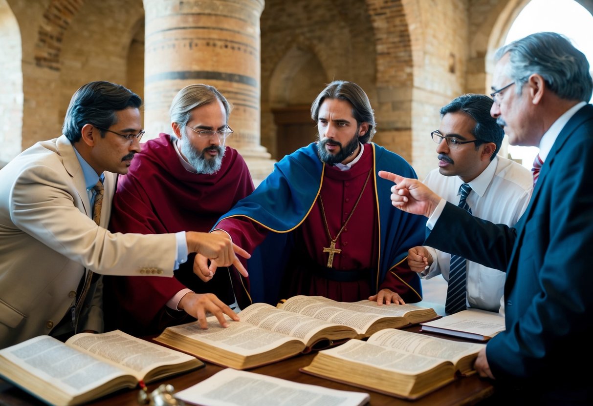 A group of scholars engage in heated debate, gesturing and pointing at ancient texts and artifacts related to Jesus' personal life