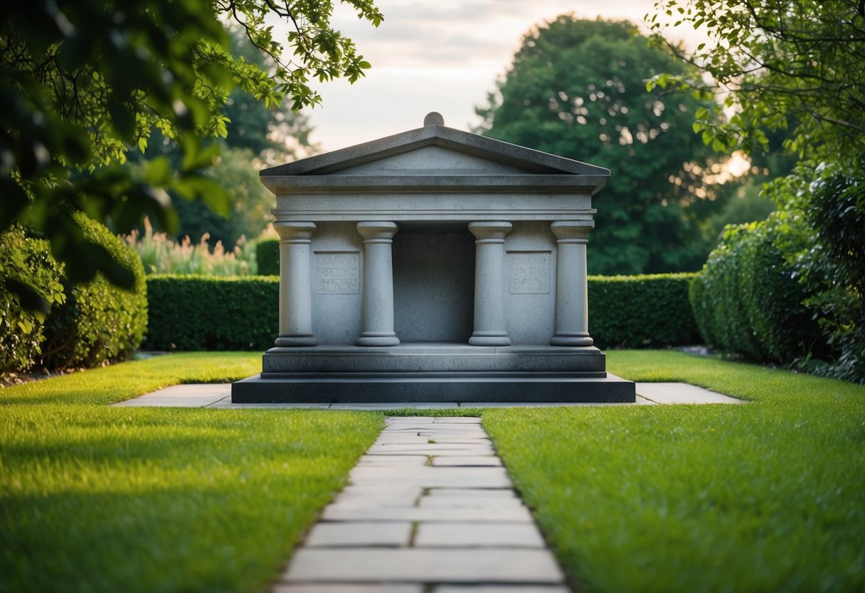A stone tomb surrounded by a tranquil garden with a path leading up to it