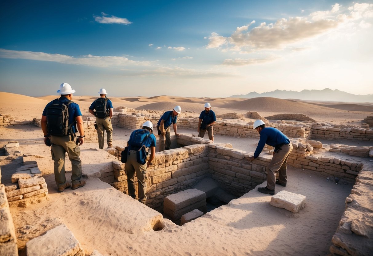 A group of explorers uncovering ancient ruins in a desert landscape, searching for the location of Jesus' tomb
