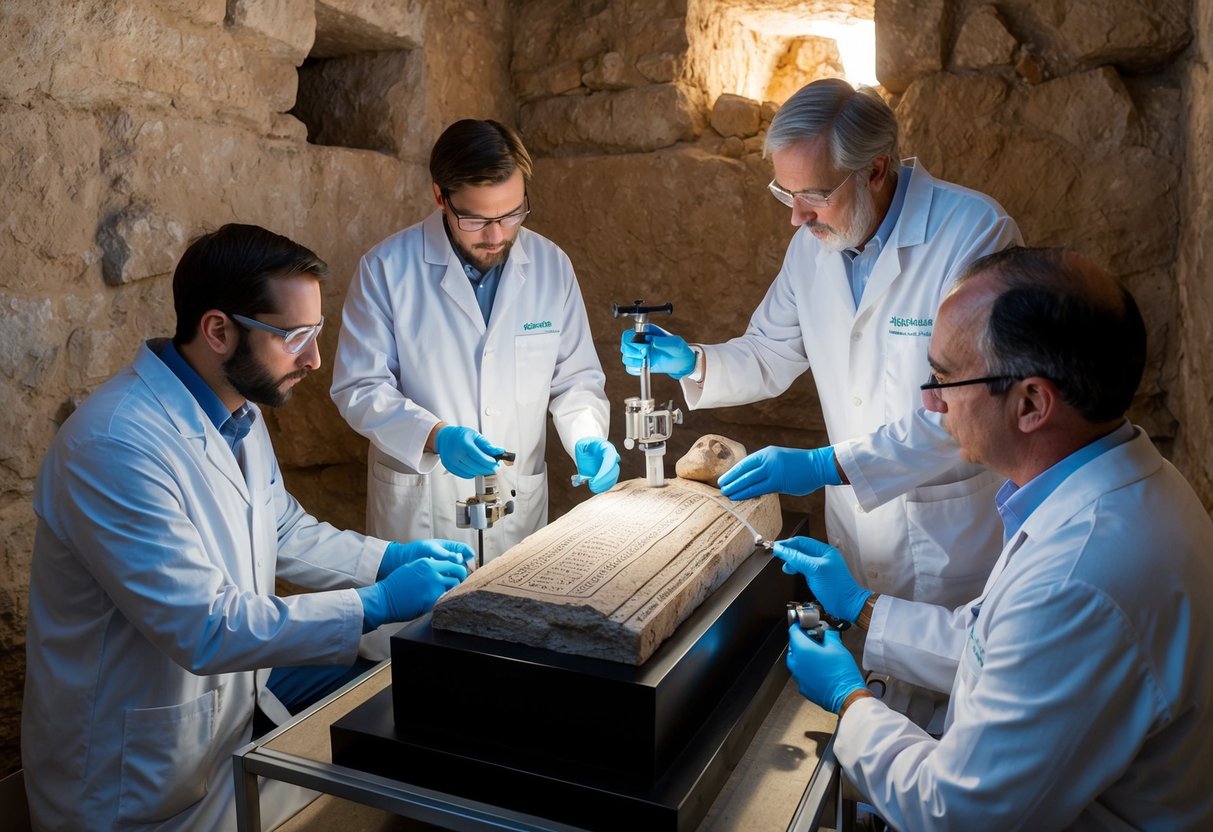 A team of scientists using advanced equipment to analyze and date the tomb believed to be Jesus' resting place