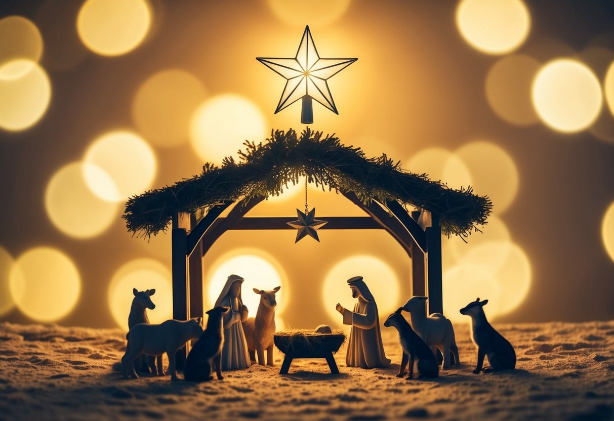 A shining star above a peaceful manger, with animals gathered around, symbolizing the birth of hope and salvation