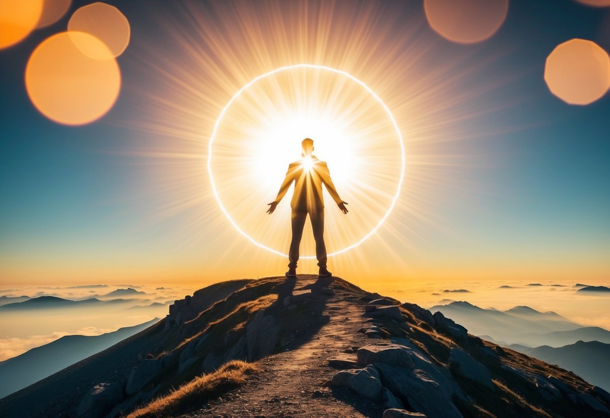 A radiant figure standing on a mountaintop, surrounded by a glowing aura
