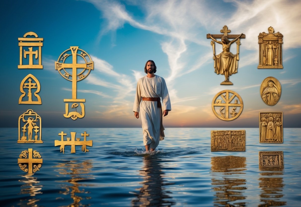 A man walking on water, surrounded by ancient symbols and religious artifacts, representing the cultural and historical significance of the name Jesus