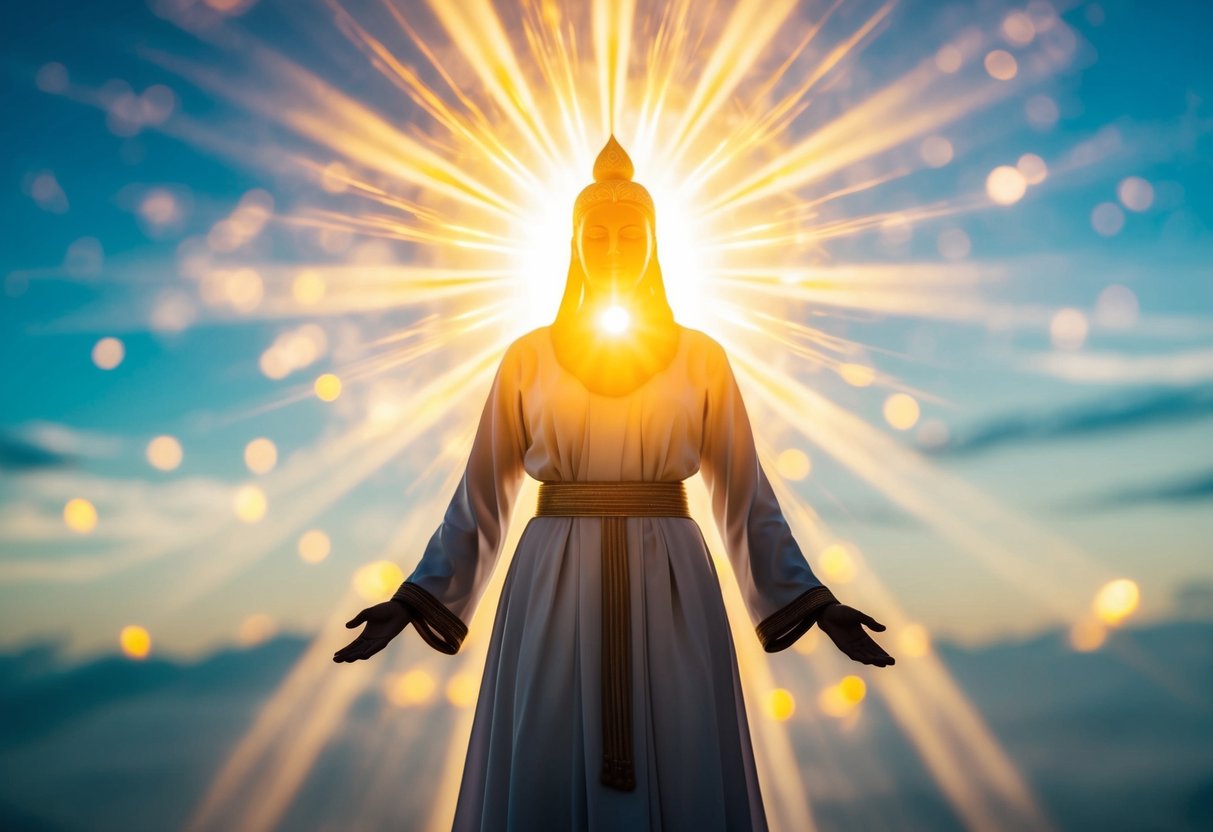 A radiant figure surrounded by light, emanating a sense of divinity and peace