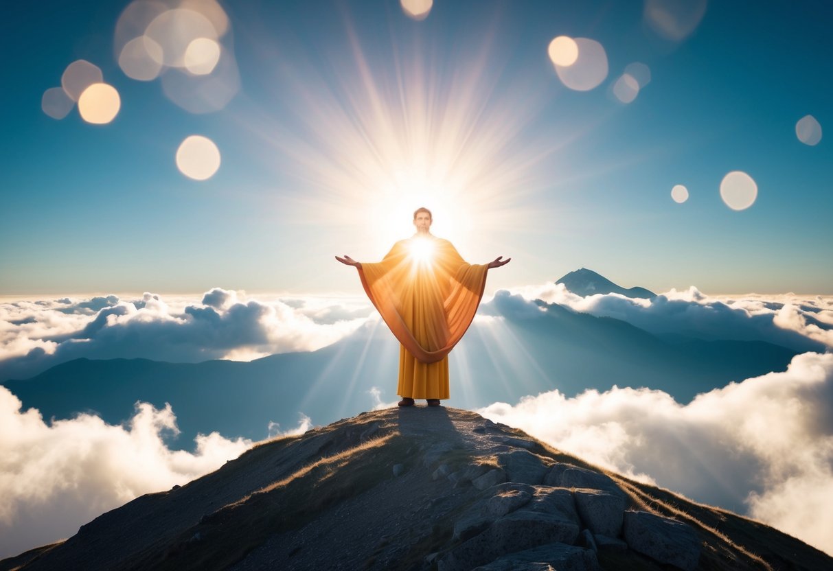 A radiant figure stands atop a mountain, surrounded by clouds and light, with a sense of divine presence emanating from him