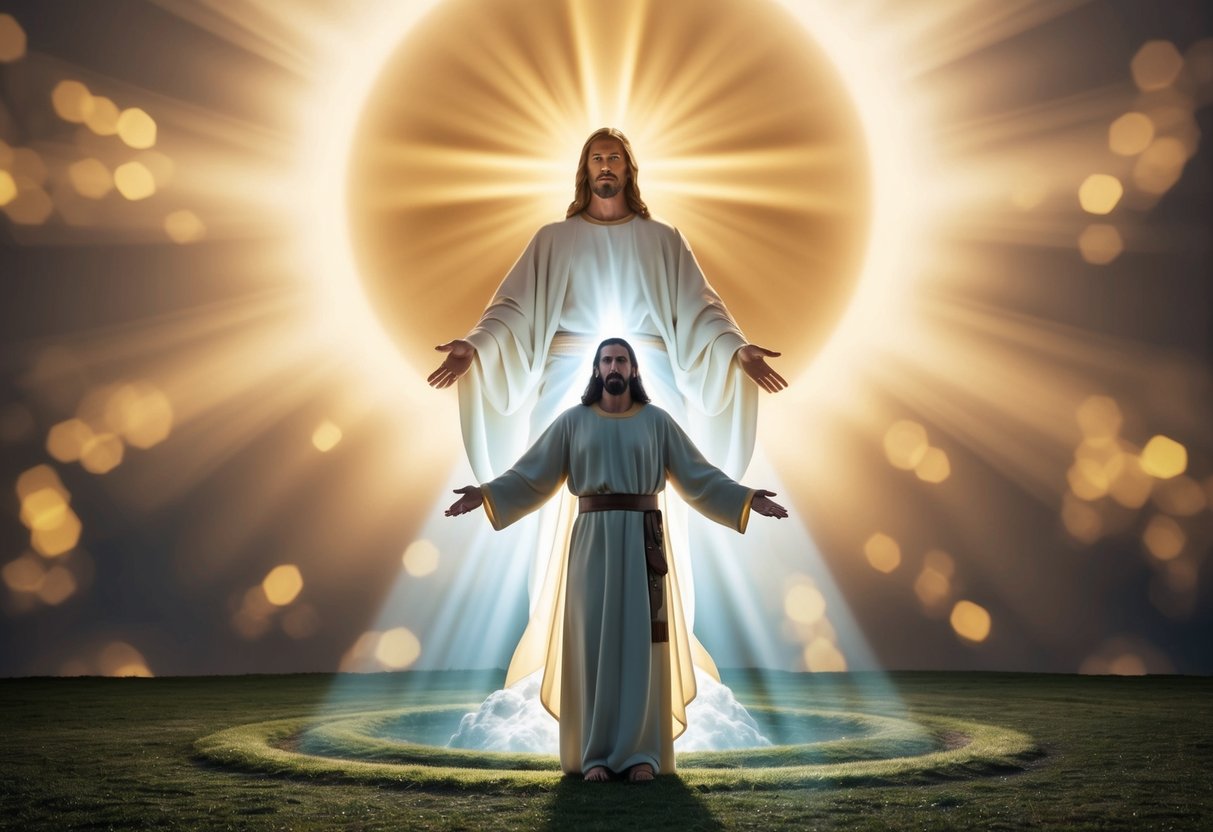 A radiant figure stands before a majestic, glowing presence, surrounded by an aura of divine light, symbolizing the Trinity and Jesus' relationship with the Father
