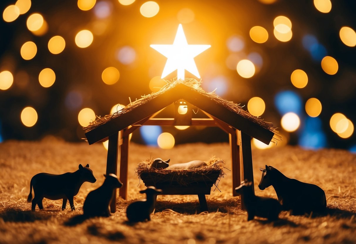 A bright star shining over a humble manger, with animals gathered around