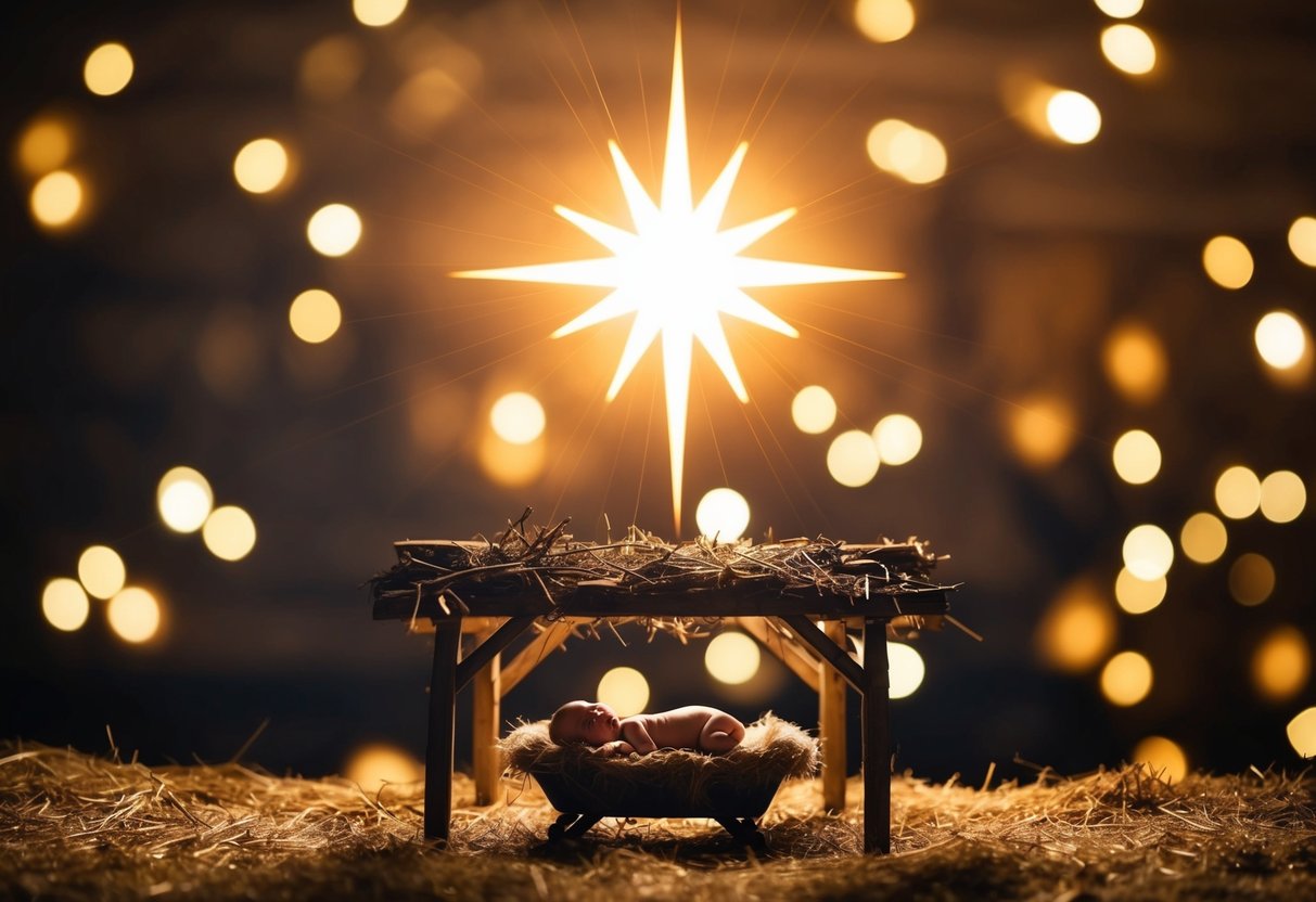 A bright star shines over a humble stable, where a newborn baby lies in a manger