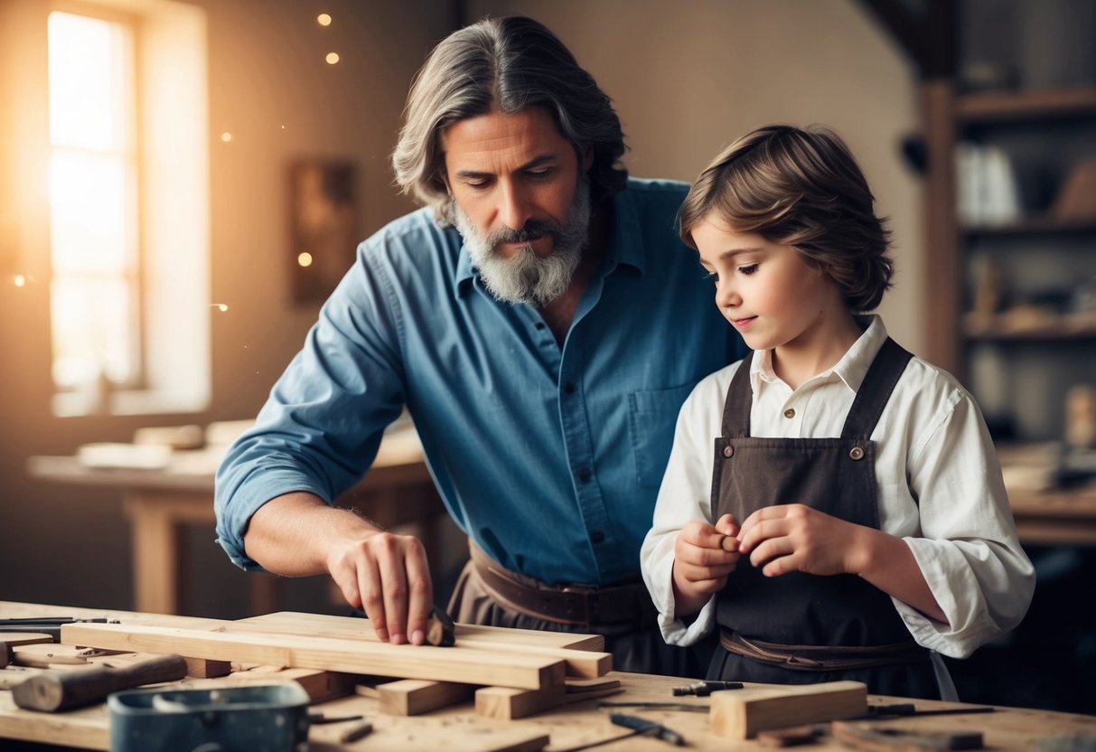 Joseph guiding young Jesus in woodworking, teaching and nurturing him with care and love