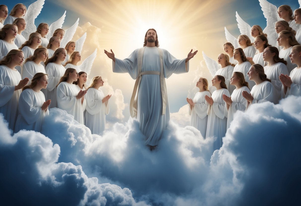 A radiant figure descending from the clouds, surrounded by a chorus of angels, with a sense of anticipation and hope in the air