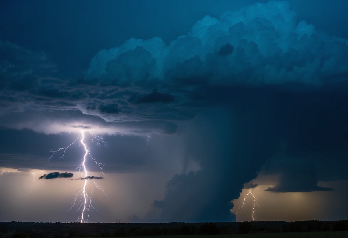 The sky darkens as storm clouds gather, lightning flashes, and the earth trembles with anticipation