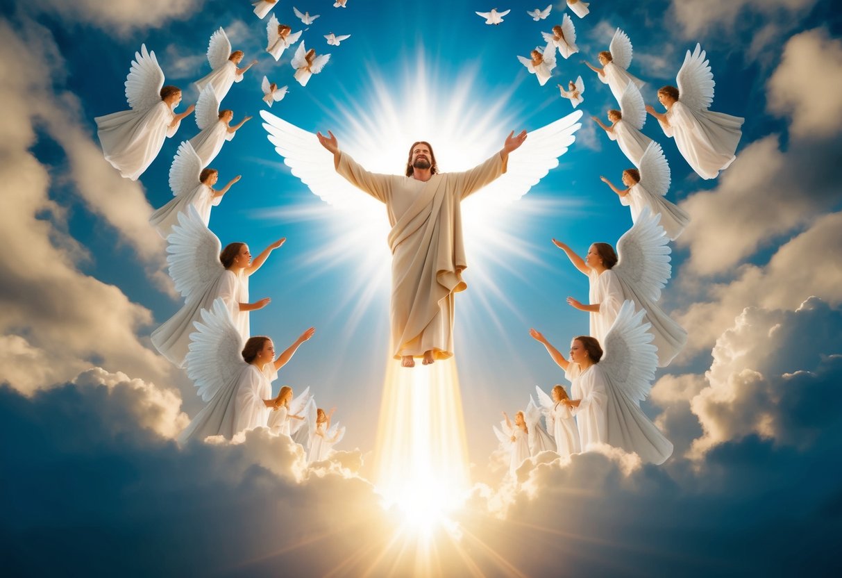 A bright and radiant figure descending from the sky, surrounded by a host of angels and a sense of awe and wonder
