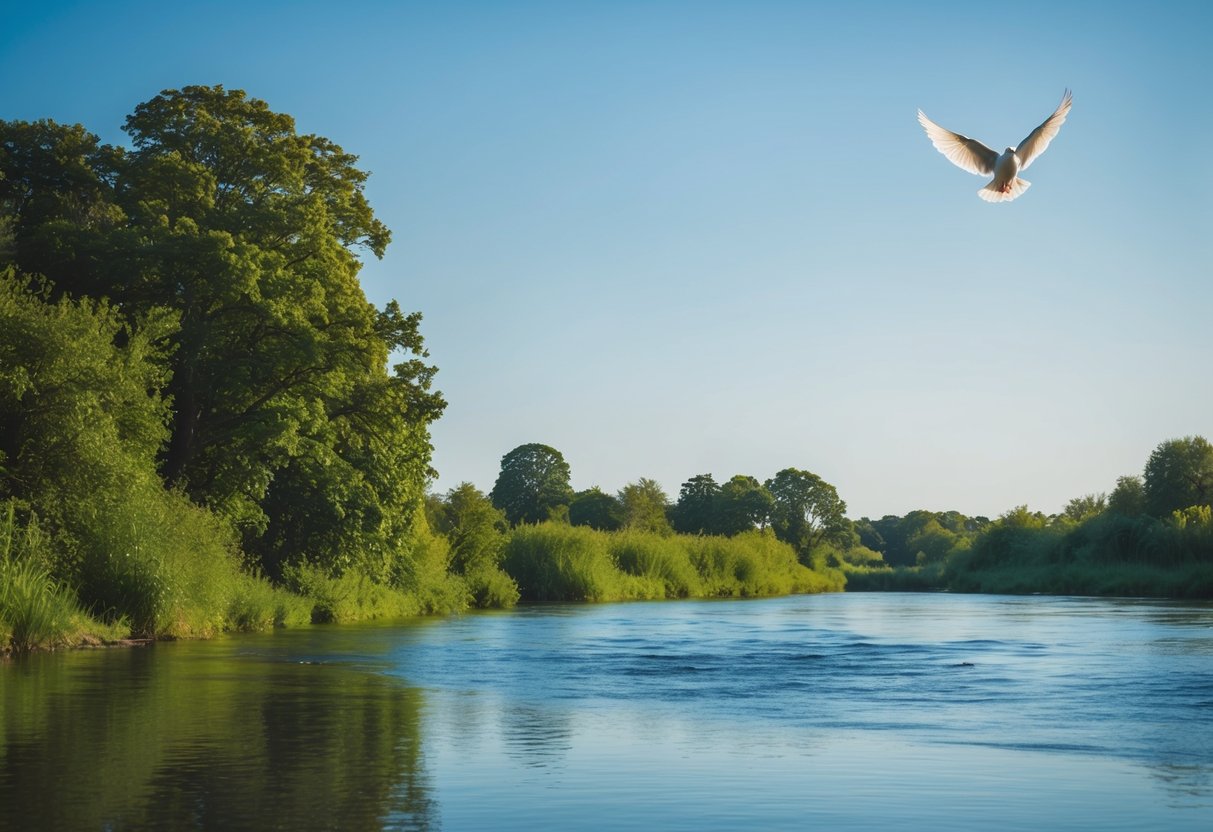 A serene riverbank with lush greenery, a clear blue sky, and a dove descending