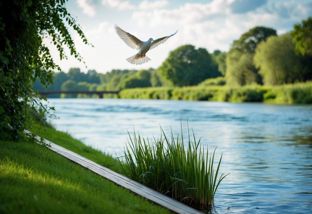 A serene riverbank with lush greenery and a dove flying overhead, a peaceful atmosphere at the Baptism Site