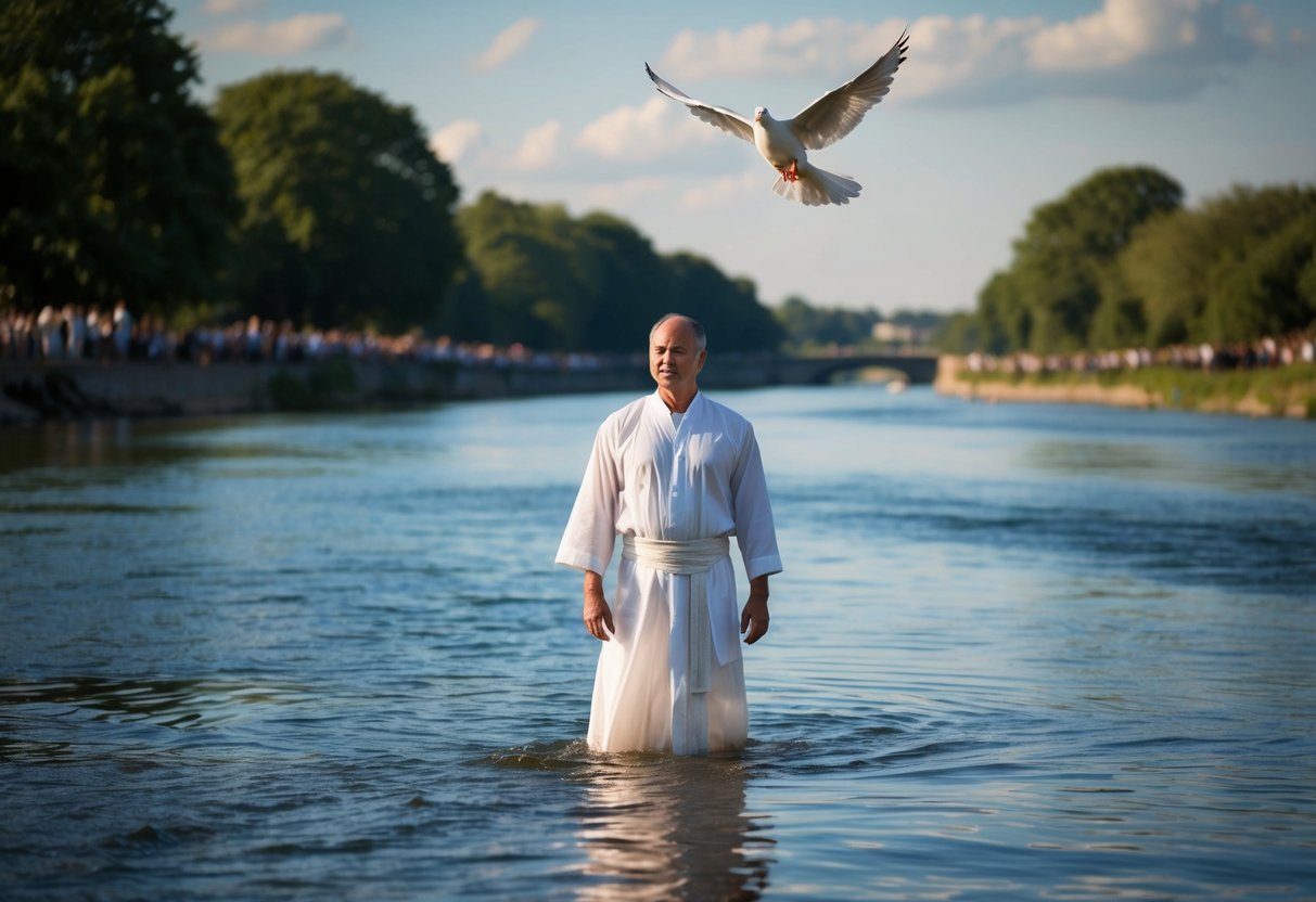 A serene riverbank with a figure in white robes standing in the water, surrounded by onlookers and a dove overhead