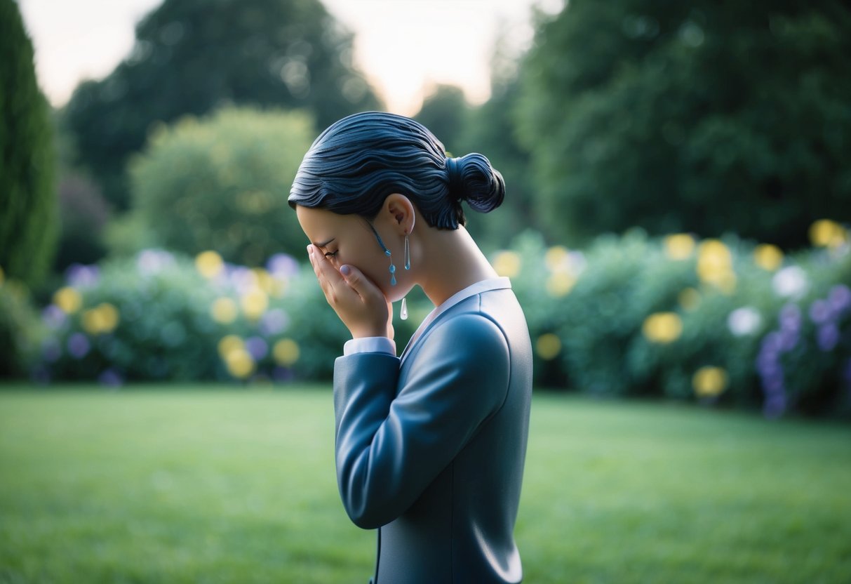 A figure standing alone in a quiet garden, head bowed and tears streaming down their face