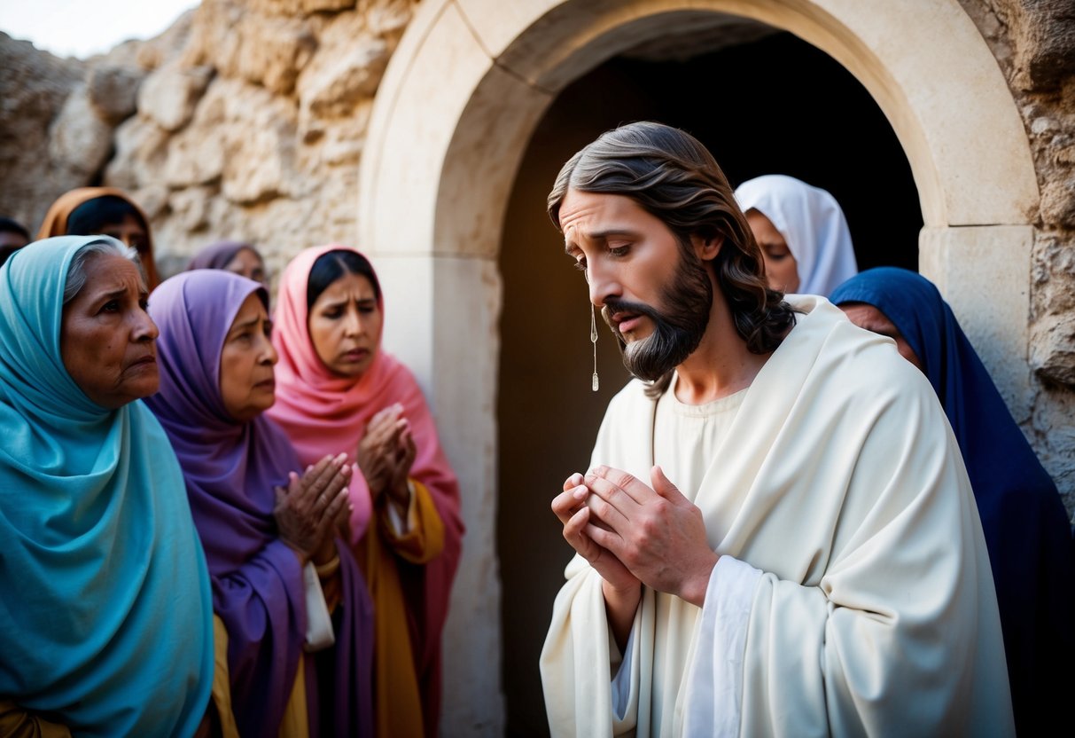 Jesus standing at the entrance of a tomb, tears streaming down his face as he looks upon the grief-stricken mourners