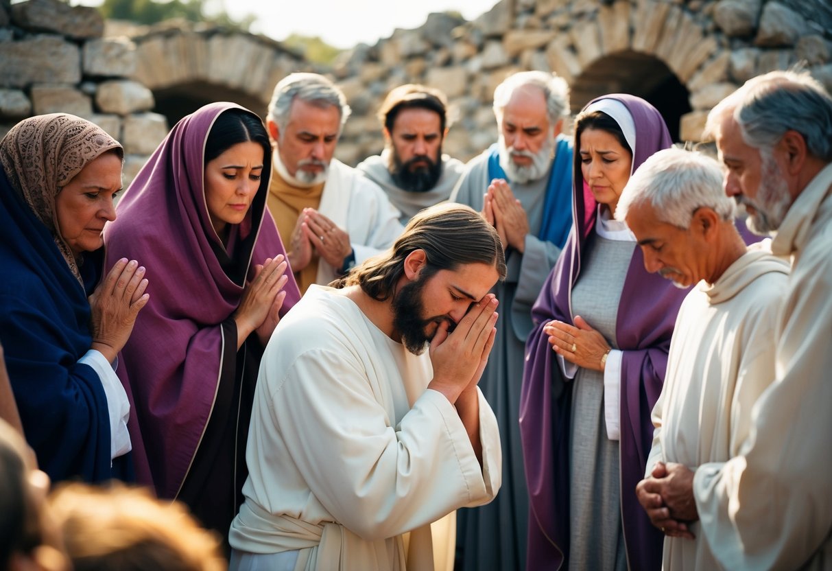 Jesus weeping at the tomb of Lazarus, surrounded by mourning friends and family