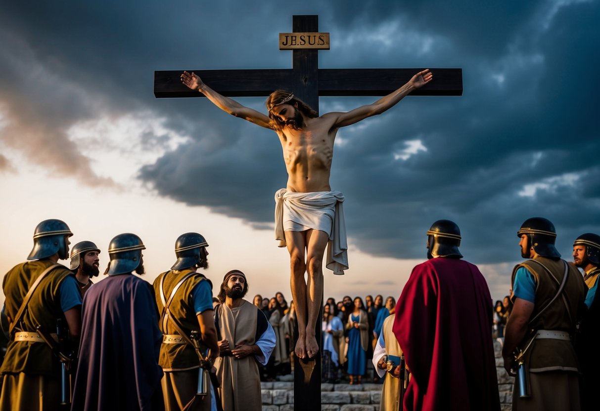 Jesus died on the cross, surrounded by onlookers and soldiers. The sky darkened, and he uttered his last words before giving up his spirit