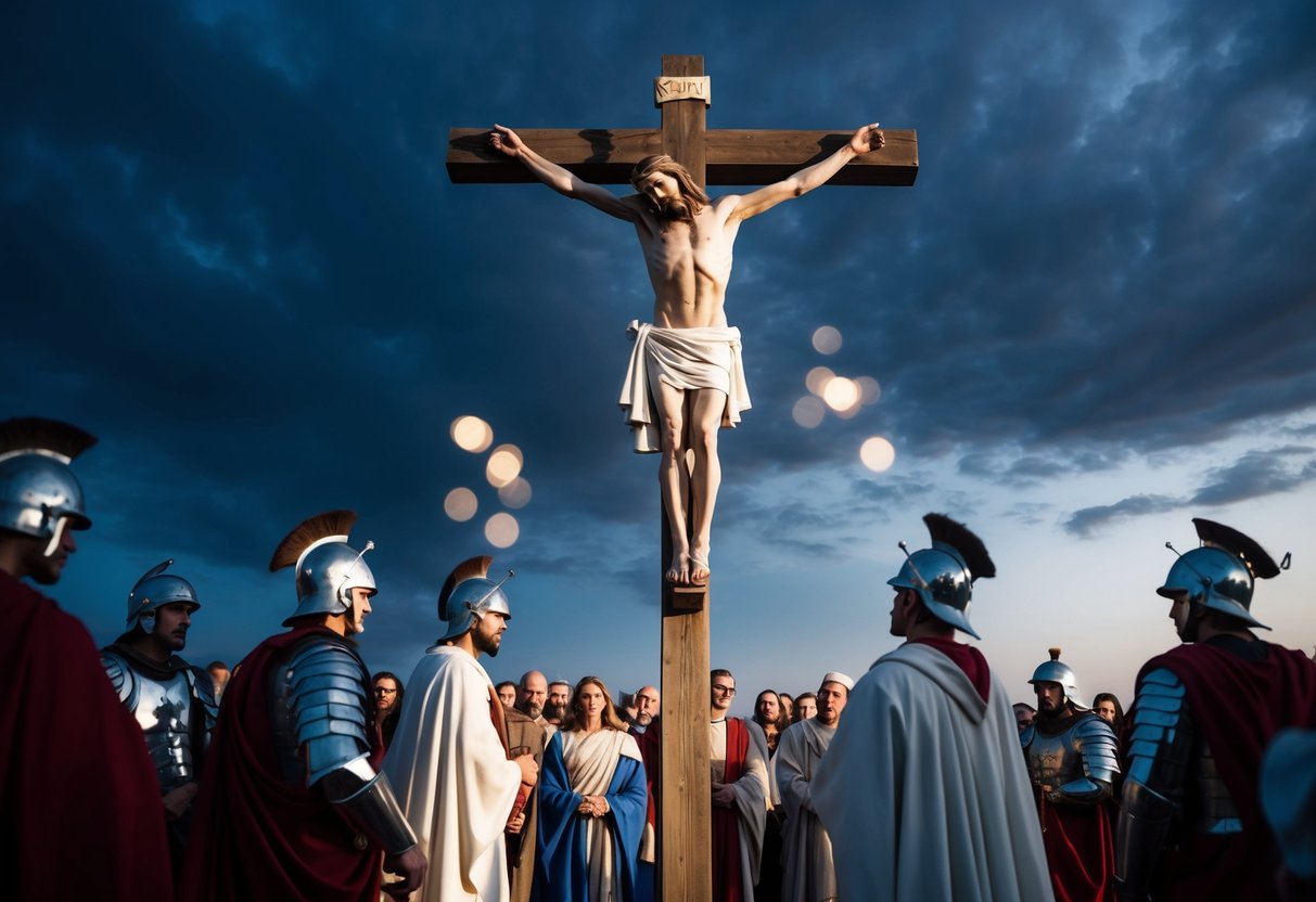 Jesus crucified on a cross, surrounded by Roman soldiers and onlookers. Sky darkened, with a sense of solemnity and despair