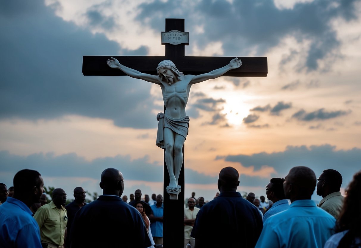A figure on a cross, surrounded by onlookers and darkening skies
