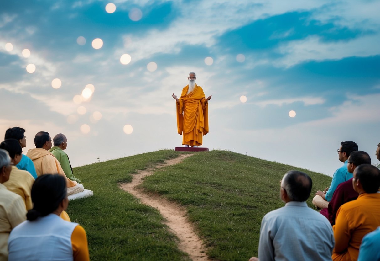 A serene figure standing on a hill, surrounded by followers, speaking with compassion and wisdom