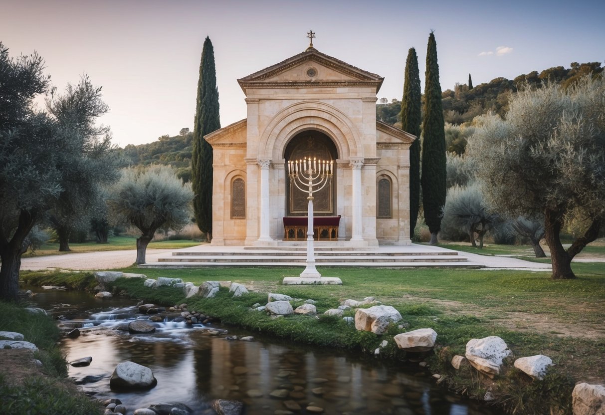 A serene, ancient synagogue with a Torah scroll and menorah, surrounded by olive trees and a gentle stream