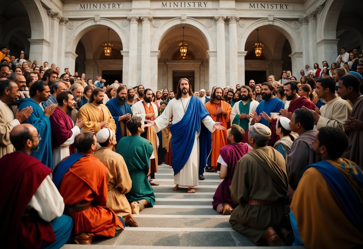 A crowd gathers around Jesus as he teaches, with the grand architecture of the Ministry in the background