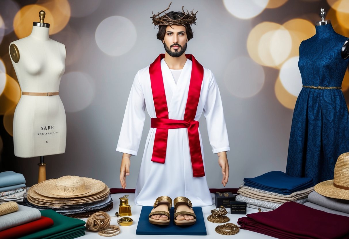 A mannequin wearing a white robe with a red sash, sandals, and a crown of thorns, surrounded by various fabric swatches and accessories