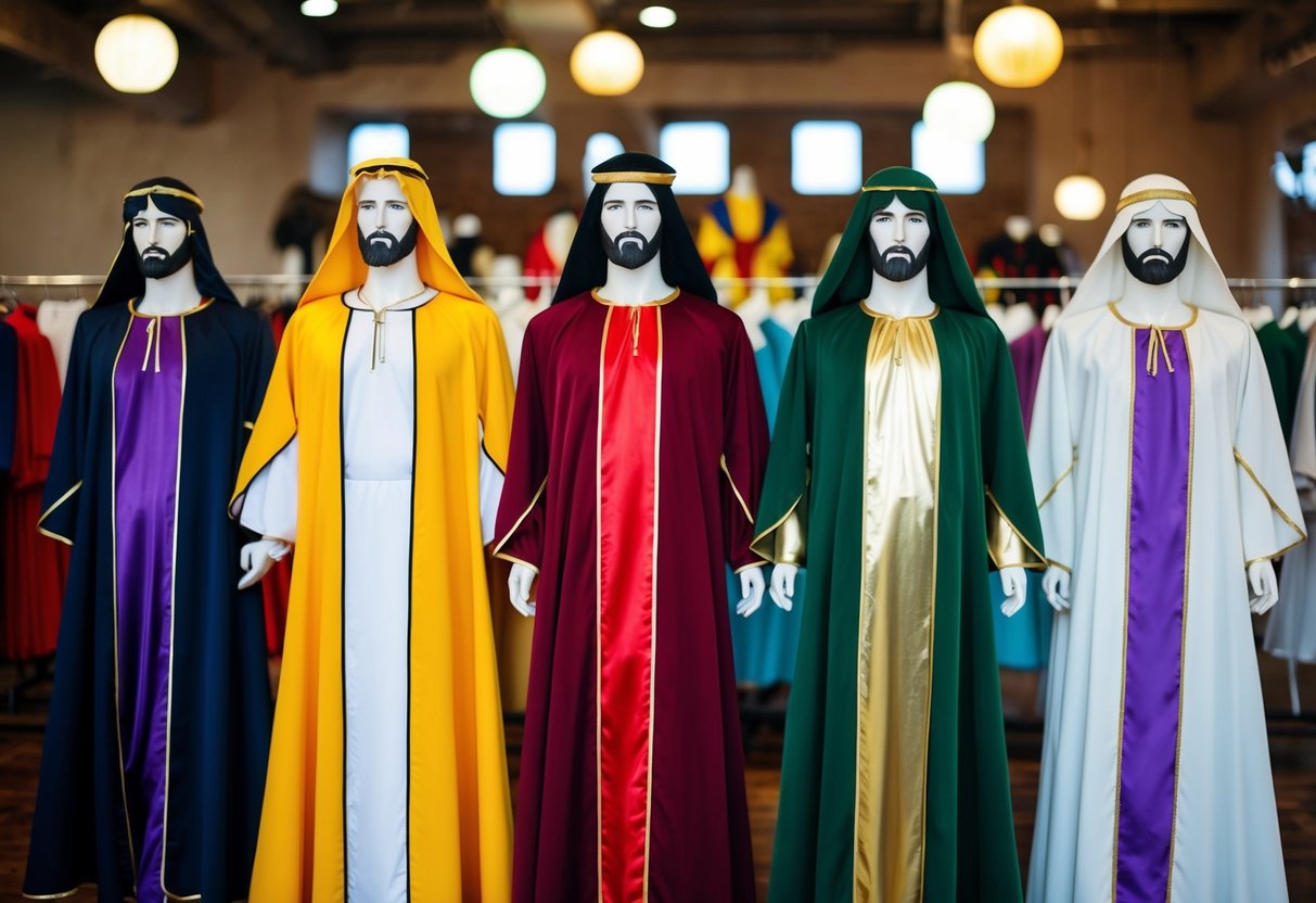 A collection of Jesus costumes in different styles and colors displayed on mannequins