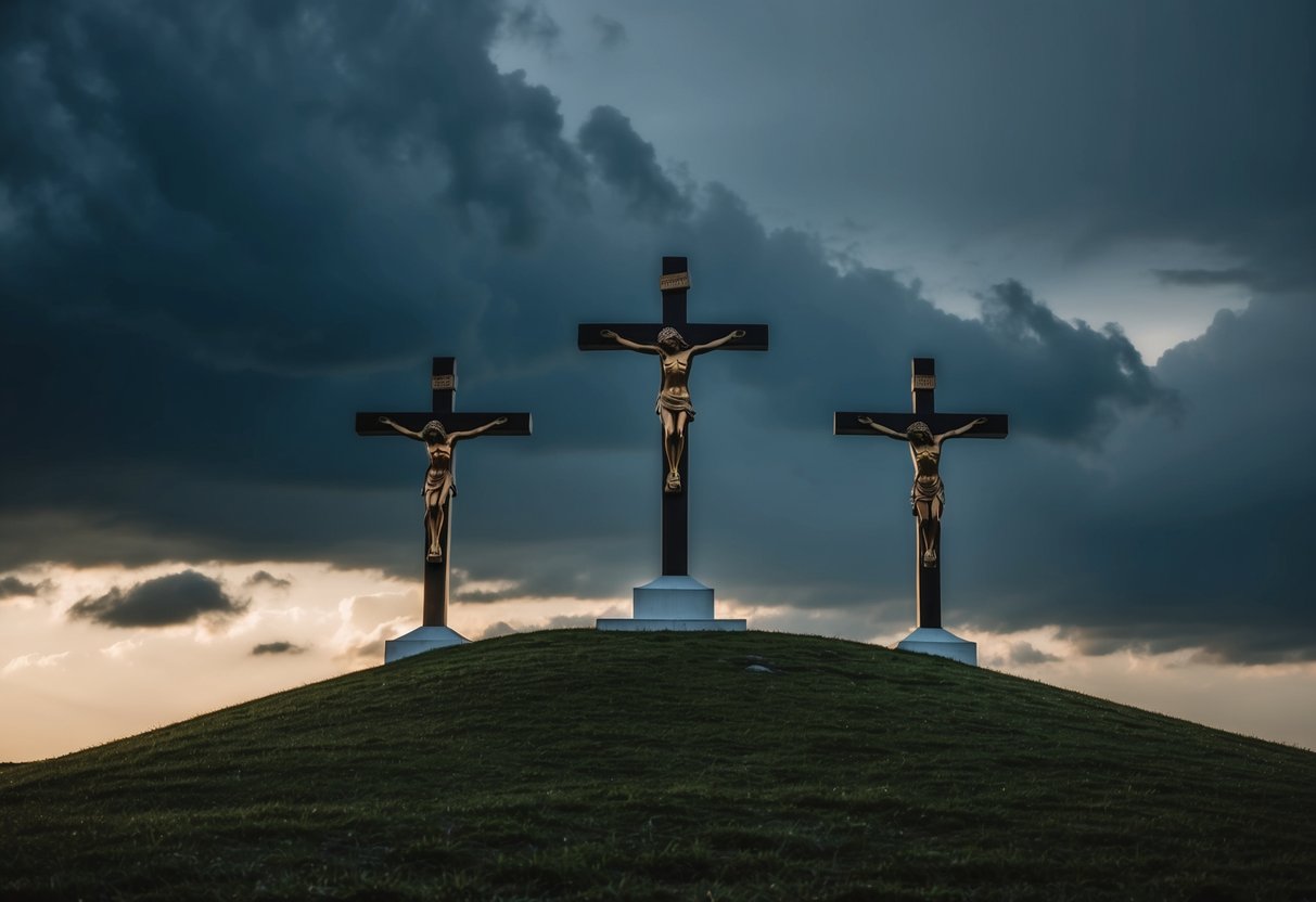 A hill with three crosses, one figure hanging. Stormy sky, darkened land