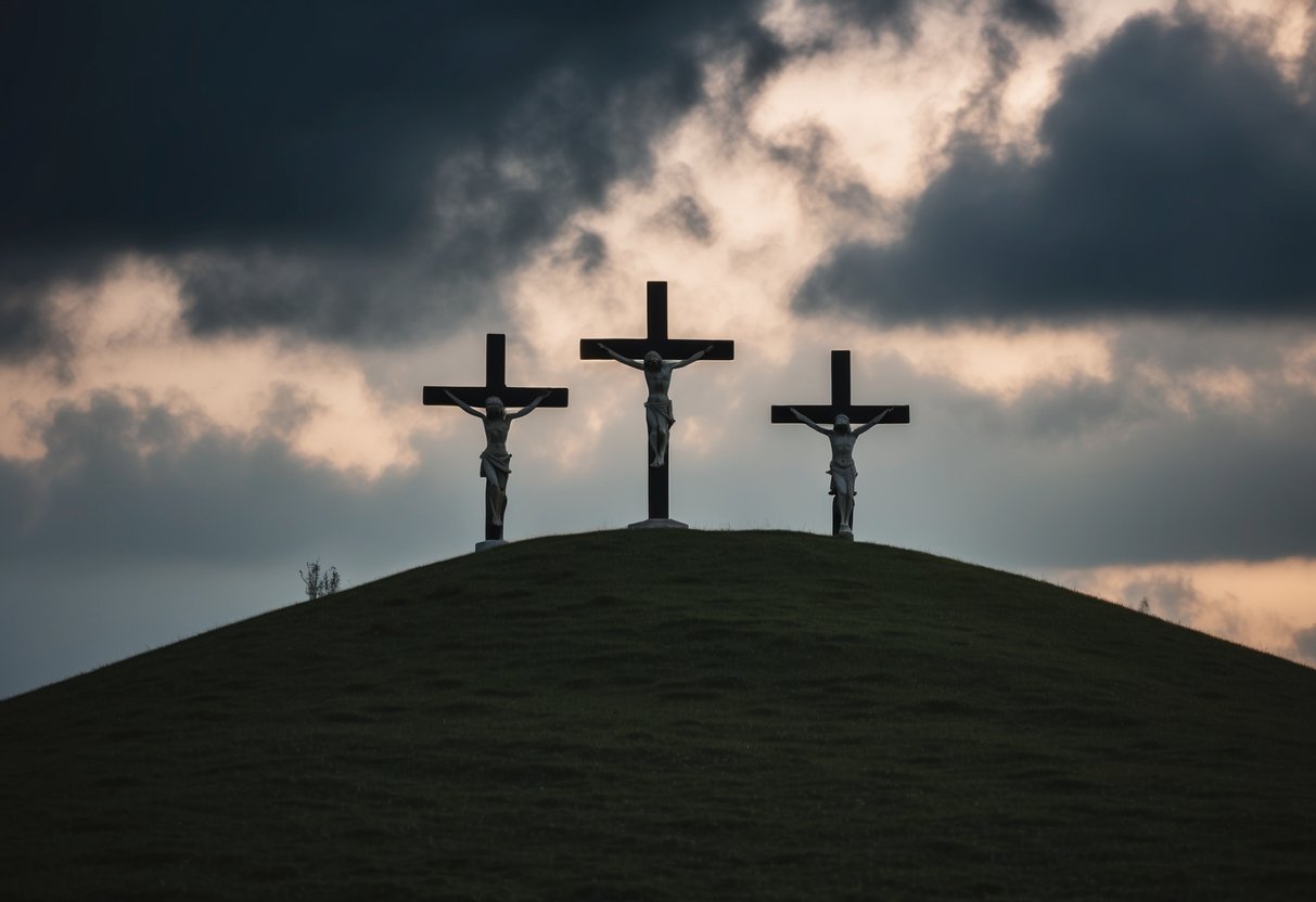 A hill with three crosses, one figure hanging. Dark clouds, mournful atmosphere