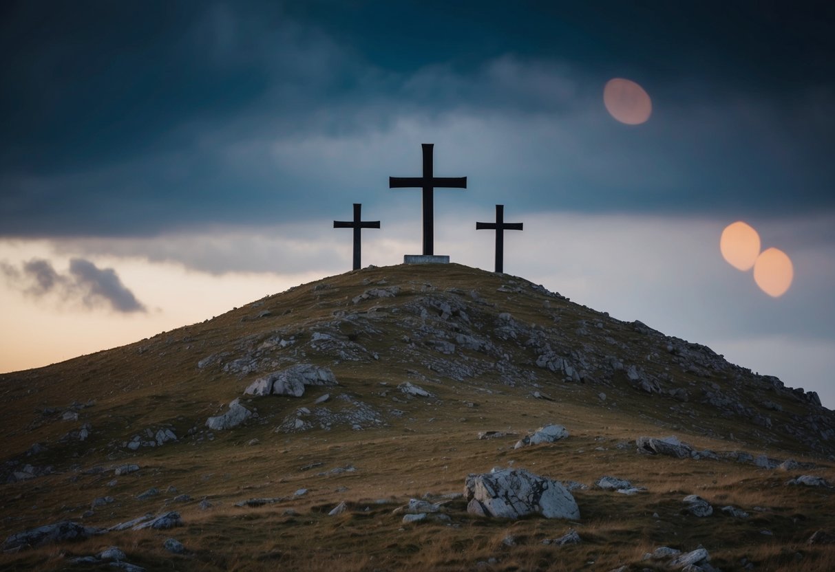 A rugged hill with three crosses, one central and larger, against a darkened sky