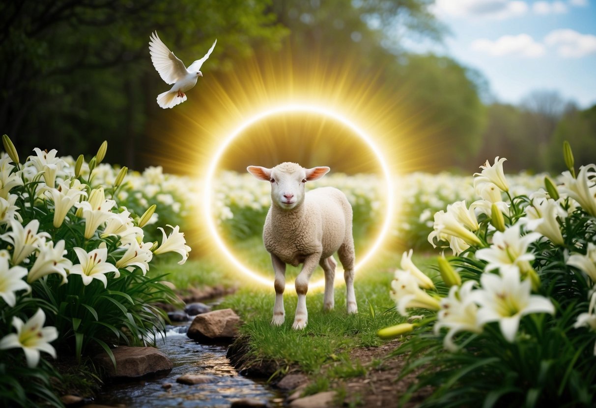 A radiant halo surrounds a lamb amidst a field of blooming lilies. A gentle stream flows nearby, and a dove hovers above