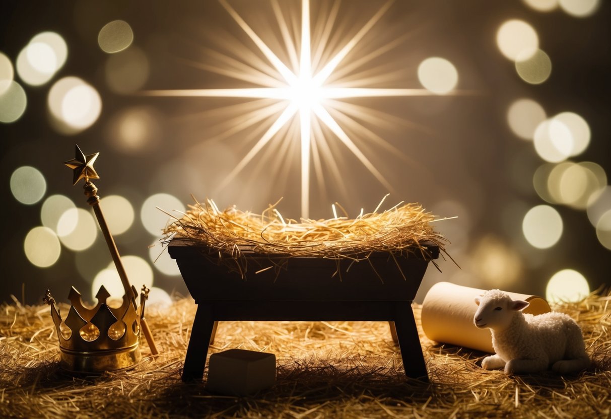 A radiant star shining above a manger, surrounded by symbols of prophecy: a shepherd's staff, a crown, a scroll, and a lamb