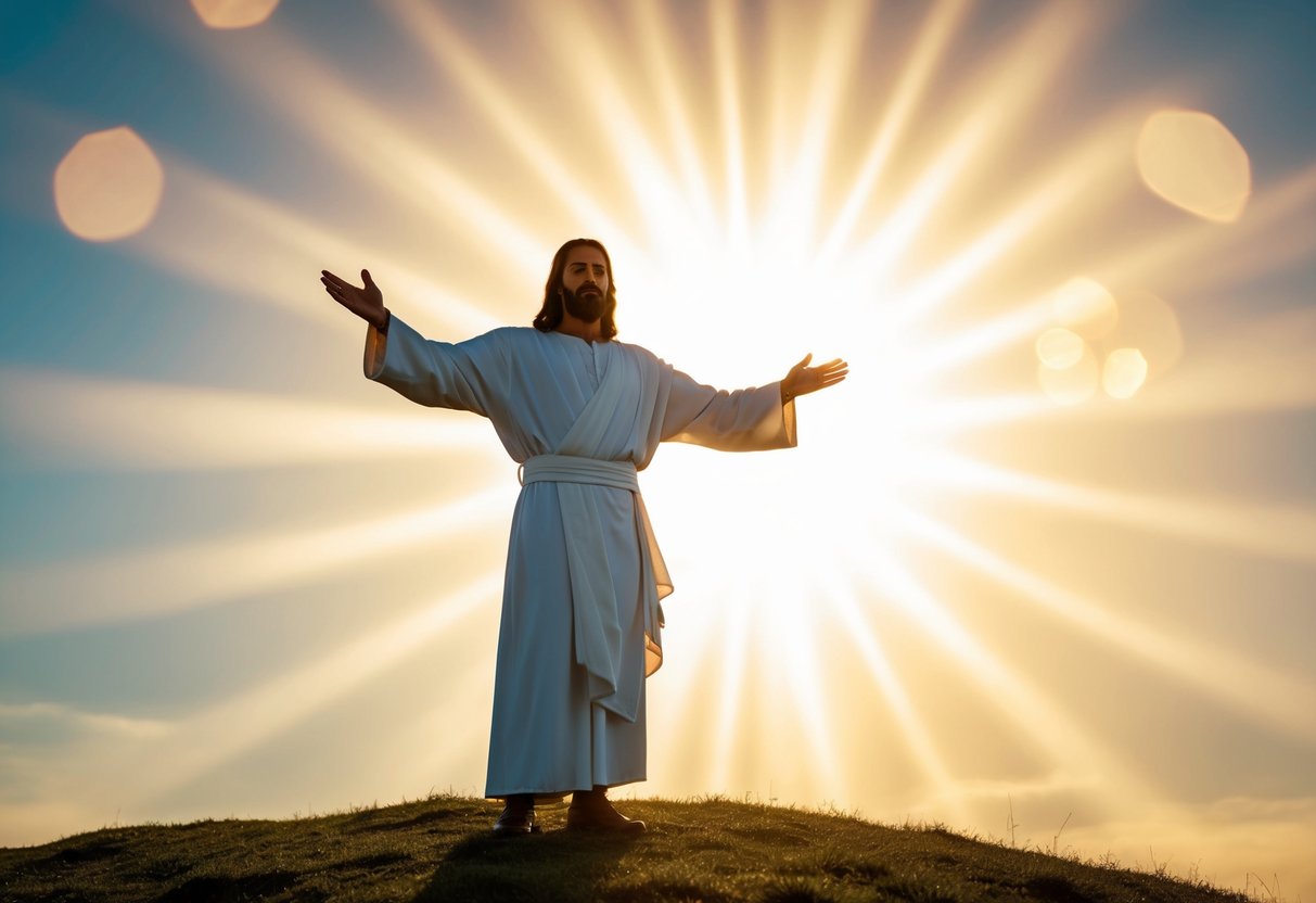 Jesus standing on a hill, arms outstretched, with a radiant light shining behind him