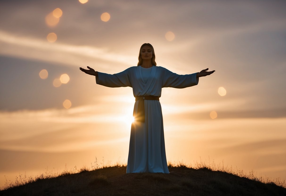 A serene figure stands on a hill, surrounded by a warm glow, with outstretched arms and a compassionate expression