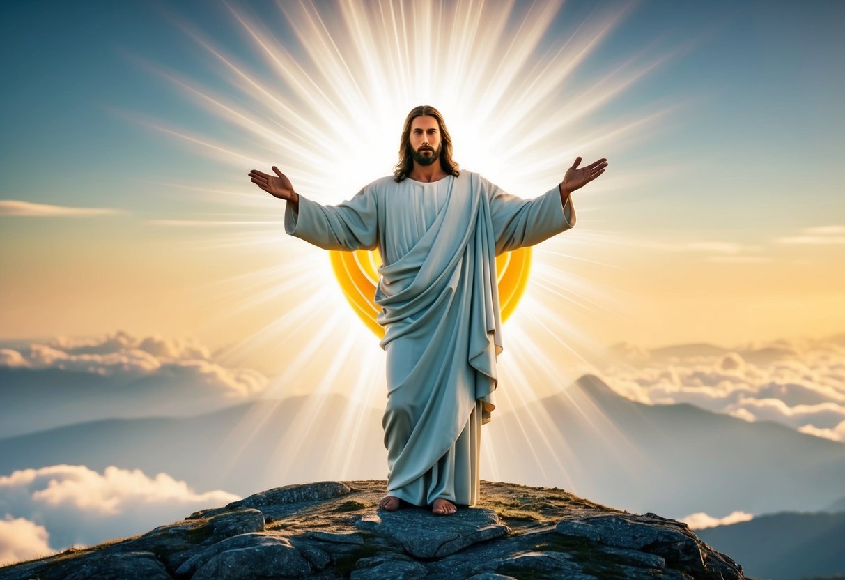 Jesus Christ standing on a mountaintop, surrounded by a radiant aura, with outstretched arms and a compassionate expression