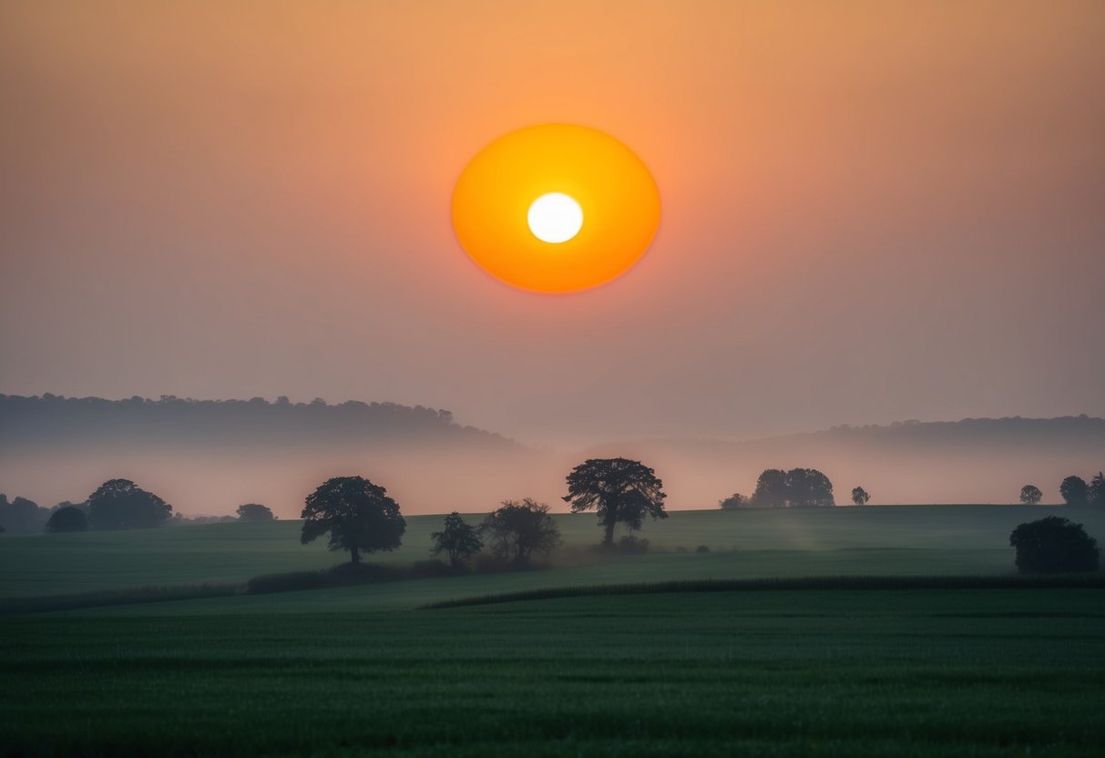 A serene landscape with a glowing sun and a peaceful atmosphere, evoking a sense of timeless wisdom and spiritual significance