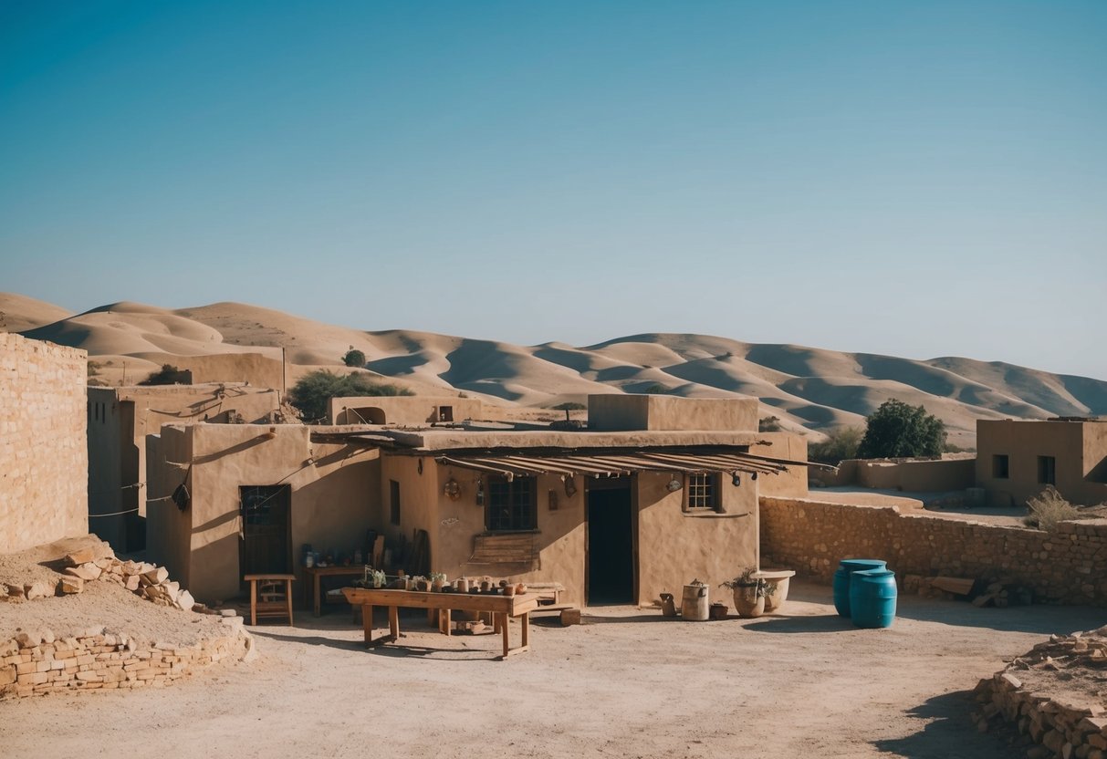 A rustic Middle Eastern village with a humble carpenter's workshop and a backdrop of rolling hills and a clear blue sky