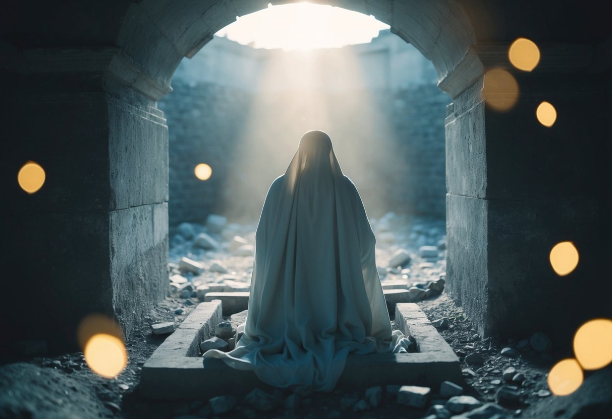 A figure emerges from a tomb, bathed in light, surrounded by a sense of peace and renewal