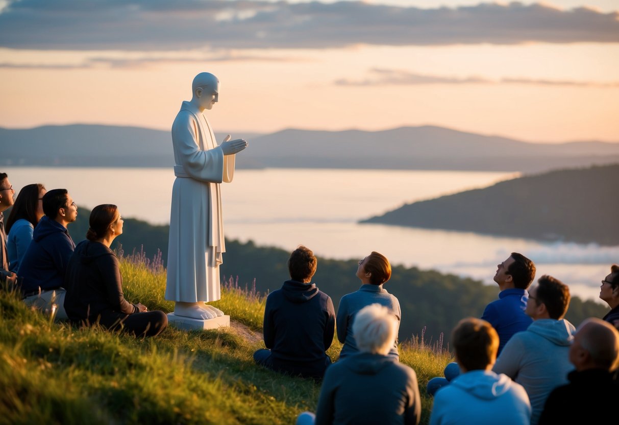 A serene figure standing on a hill, surrounded by a group of people listening intently to his teachings