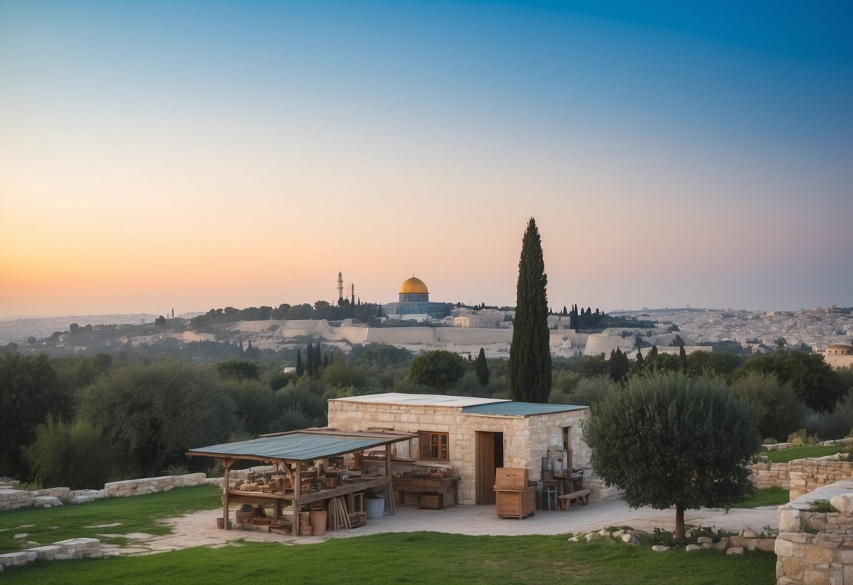 A serene landscape with a humble carpentry workshop and a distant view of ancient Jerusalem