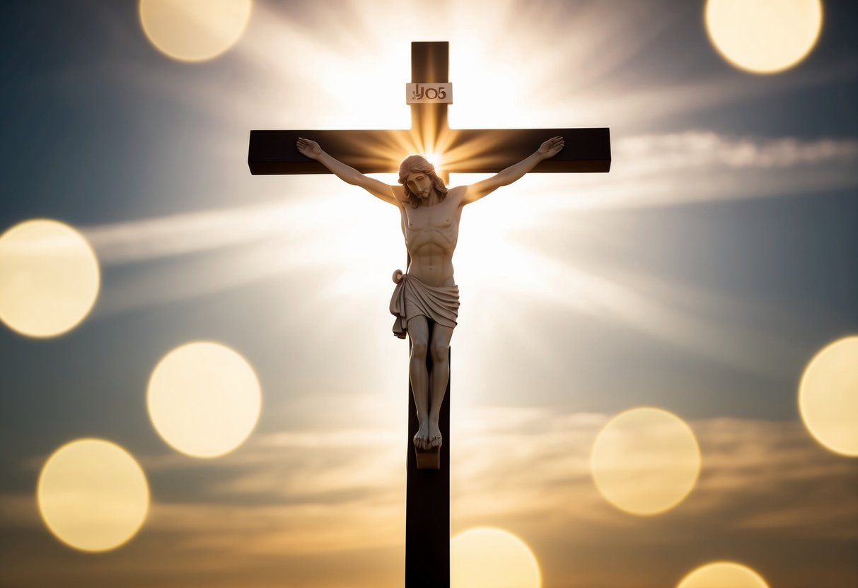 A figure rises from a cross, surrounded by light, symbolizing the resurrection of Jesus