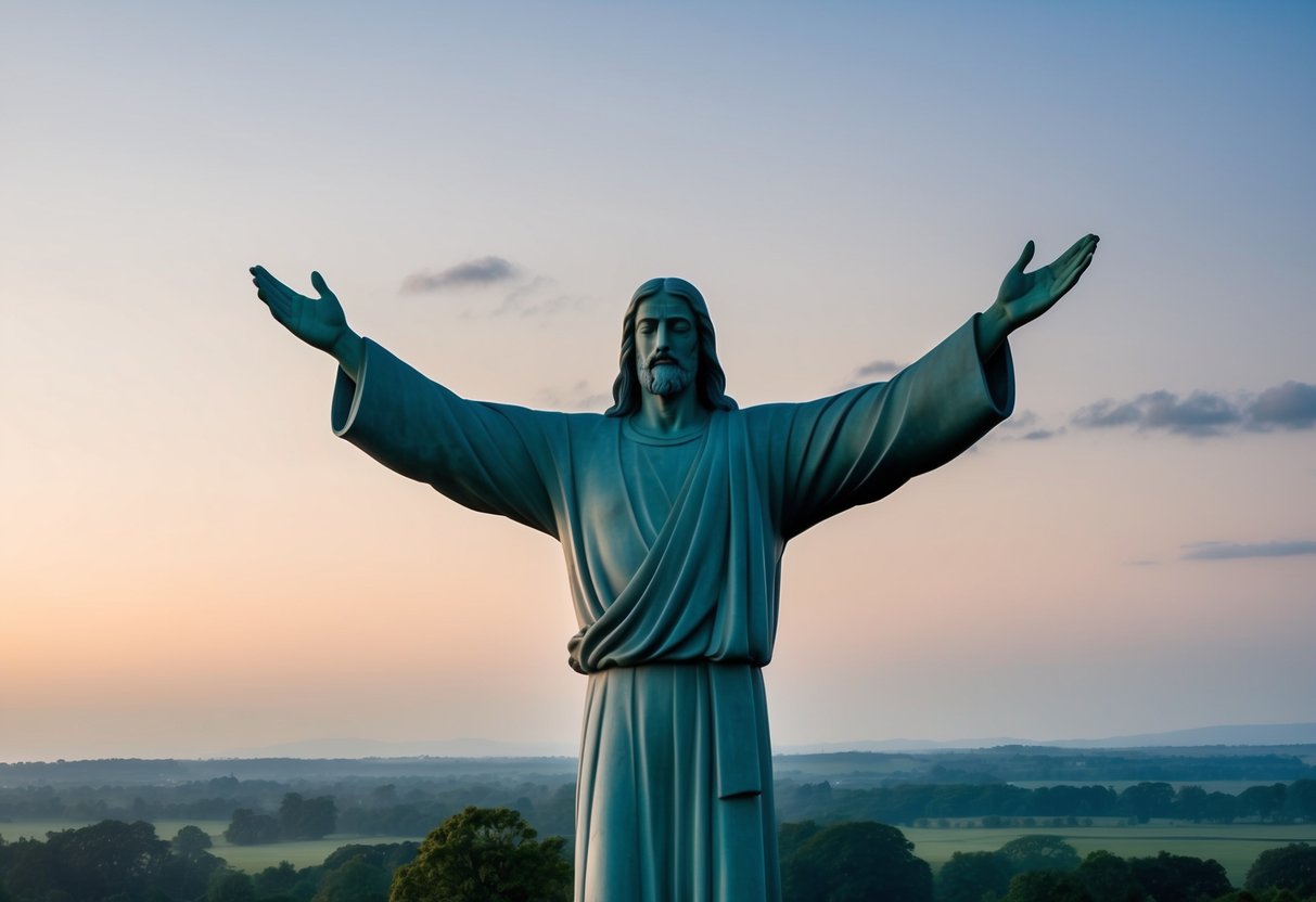 A serene landscape with a large, outstretched figure with arms raised, reminiscent of the "Touchdown Jesus" sculpture