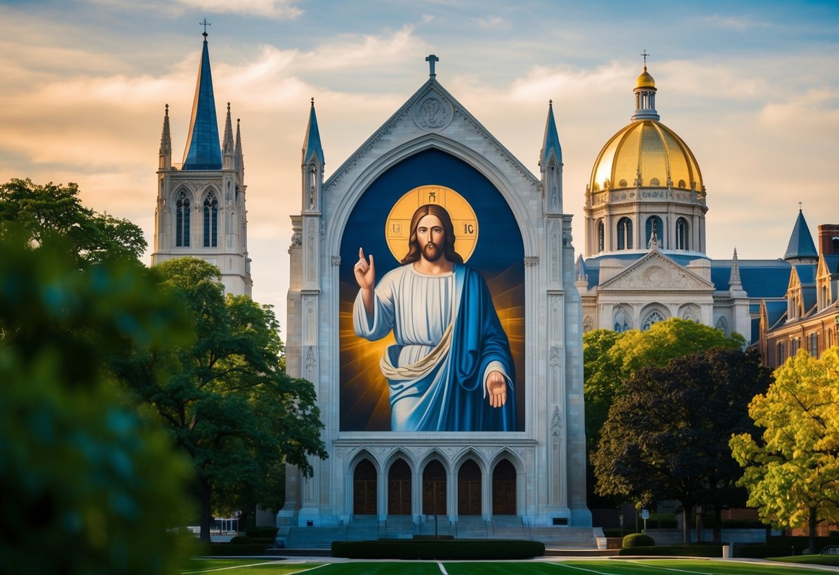 The iconic Touchdown Jesus mural overlooks the Notre Dame University campus, with the golden dome and Gothic architecture in the background